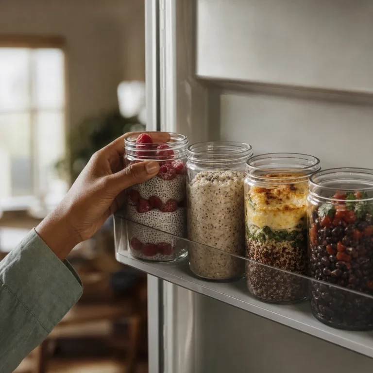 High-fiber breakfast meal prep: a hand reaching into an open refrigerator holding glass jars of layered chia pudding with raspberries, overnight oats with chia seeds, black beans with salsa, and a quinoa-and-egg bake