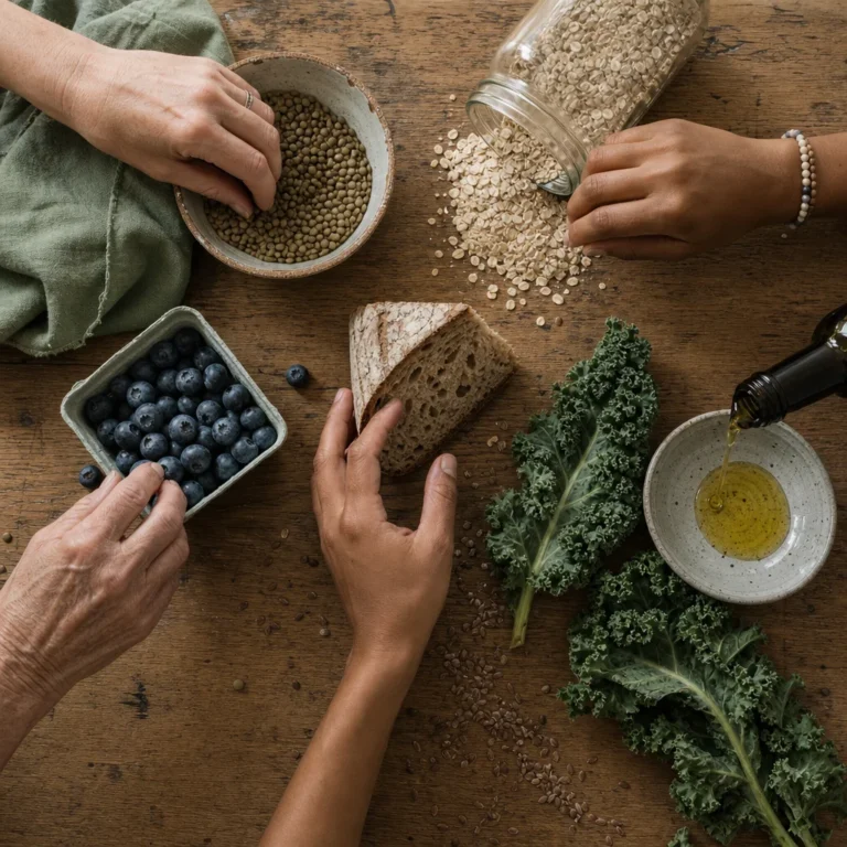 diets for slower aging IMPORTANT: previous attempts were rejected because: API error: HTTP 429. Generate a COMPLETELY DIFFERENT image that clearly shows diets for slower aging in a health and wellness editorial context for women. Use different composition, subject, setting.
