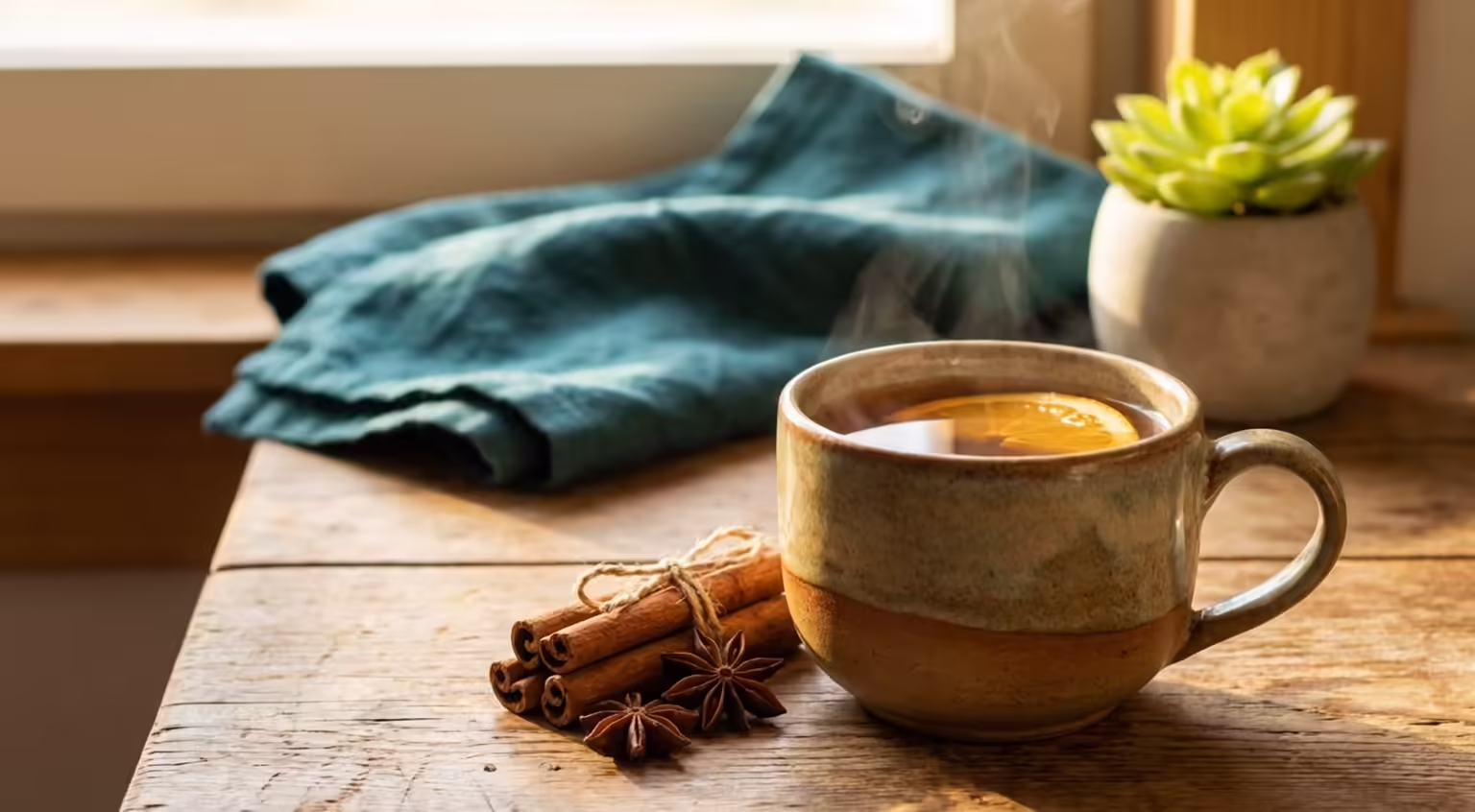 Warm cinnamon tea in ceramic mug with cinnamon sticks on wooden table - science-backed women's health benefits