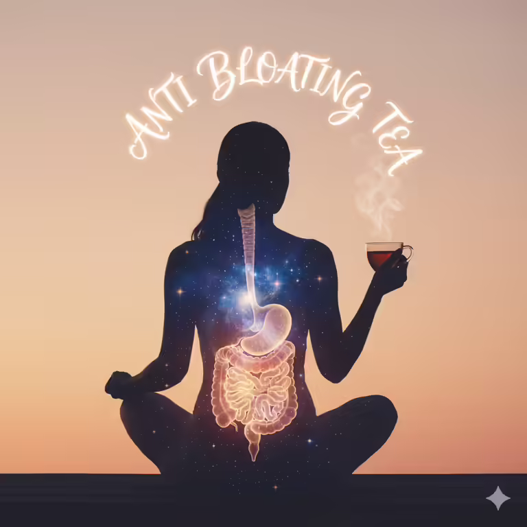 Selection of anti bloating tea including peppermint, ginger, and fennel tea in clear cups